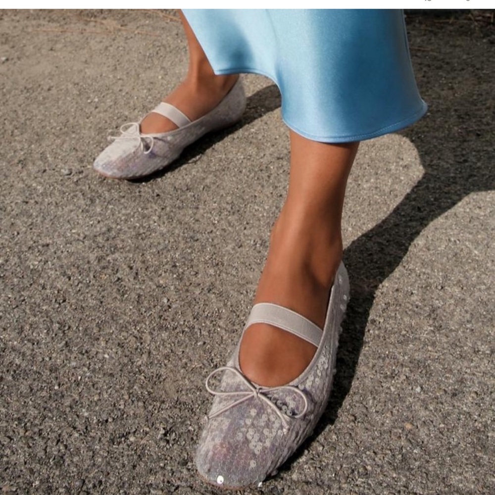NEW ZARA SEQUIN BALLET FLATS SILVER 7.5